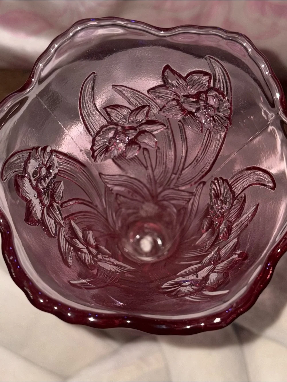 Fenton Pink Floral Pressed Glass Vase